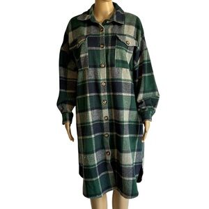Green Plaid Button-Up Shirt Dress, Checkered Pattern,Streetwear, Relaxed Fit